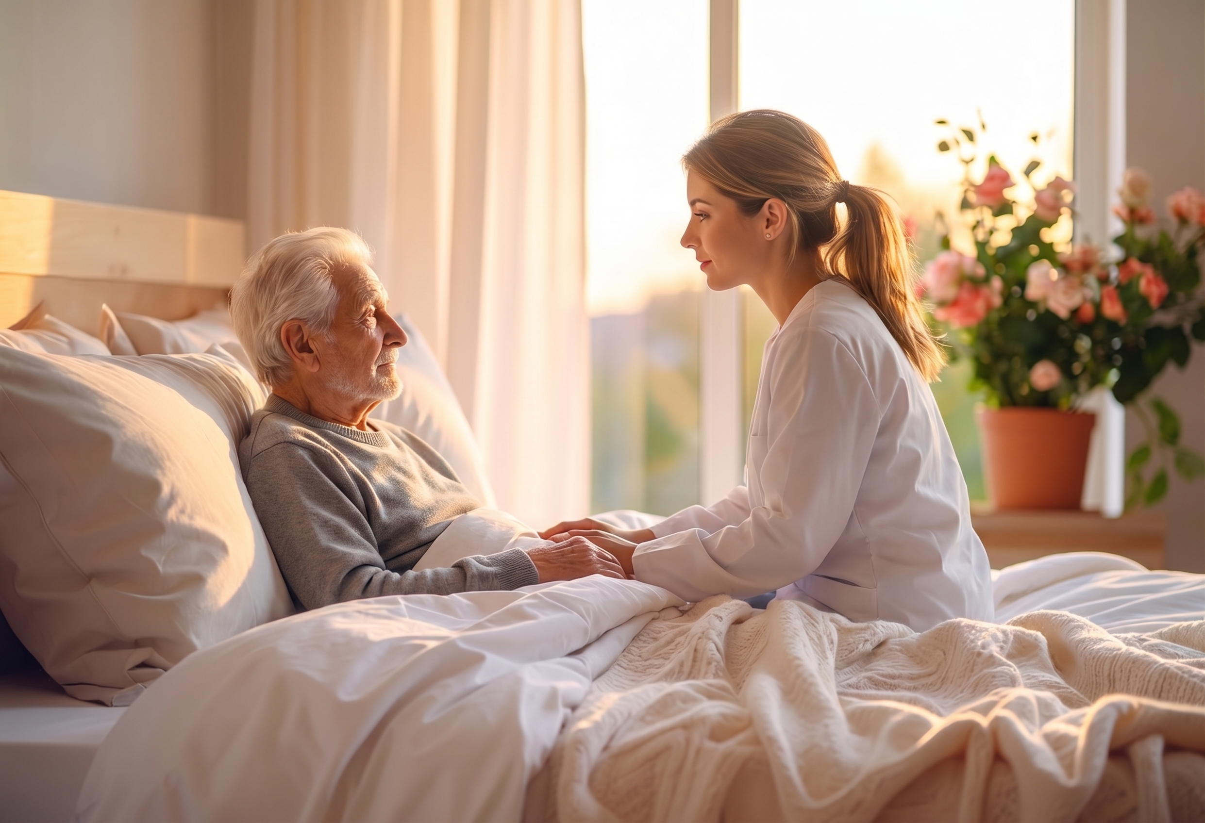 A caregiver sitting peacefully with an elderly man near a sunlit window