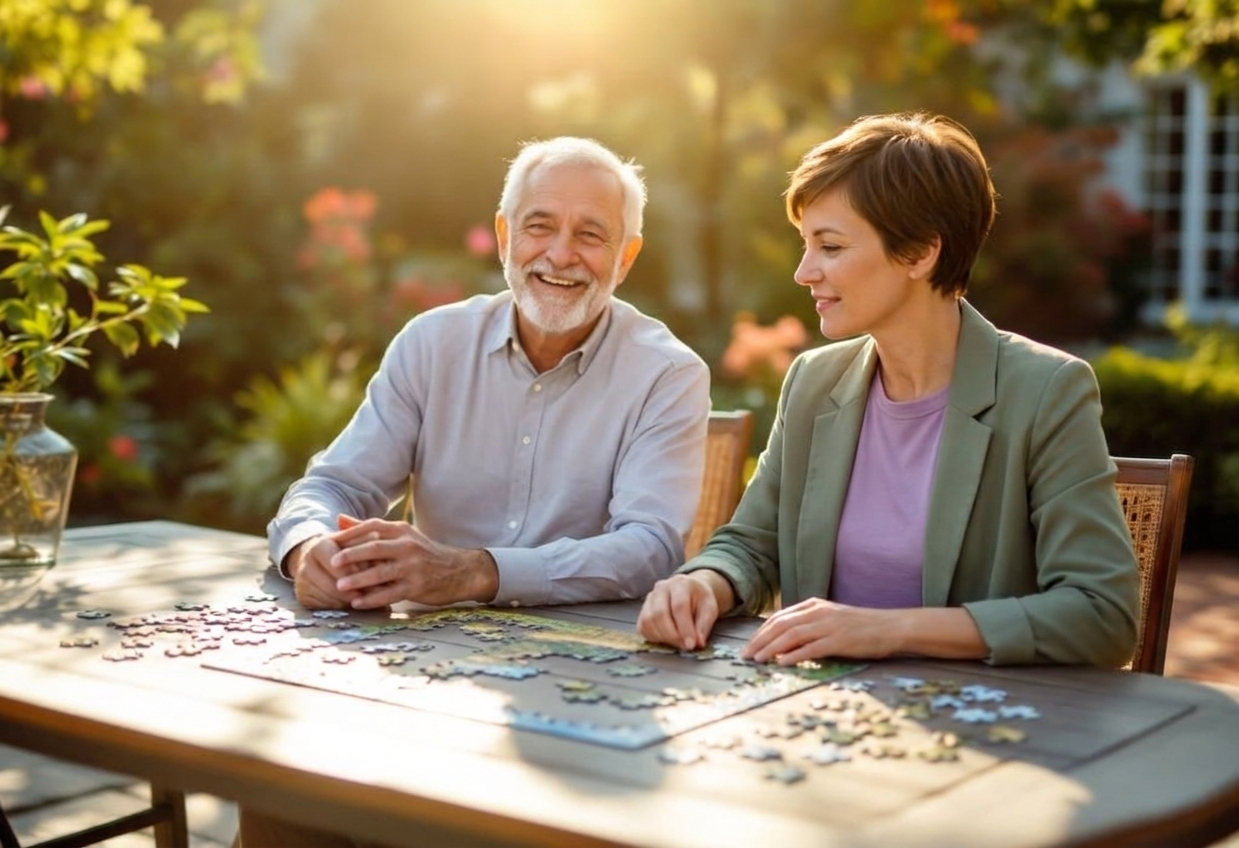 A couple planning together at an outdoor table in warm sunlight