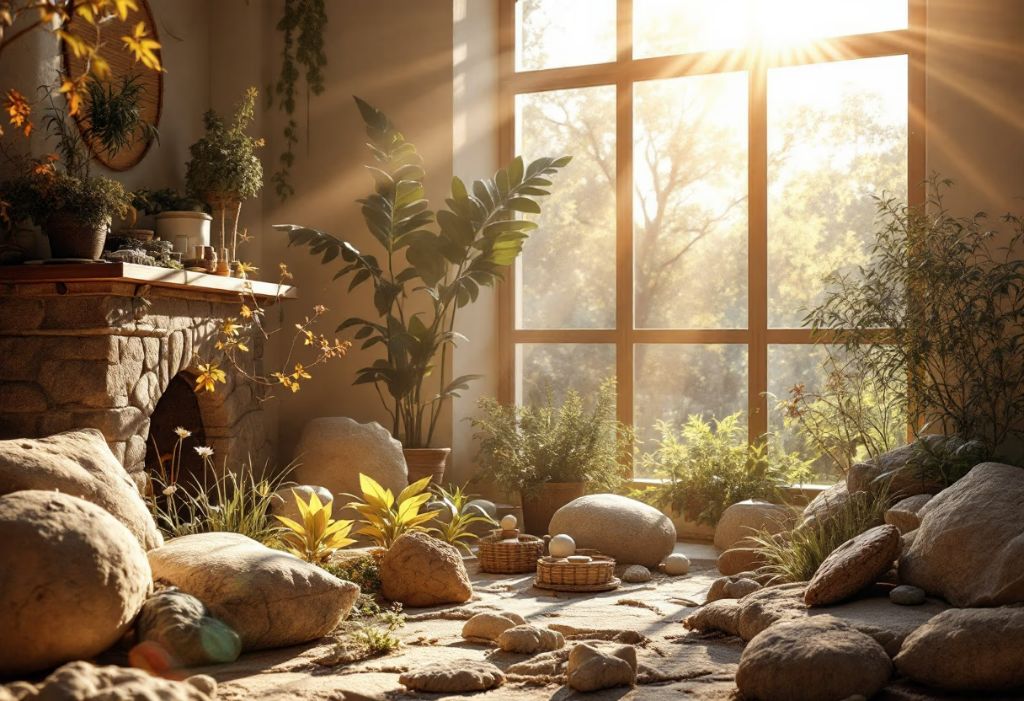 Peaceful garden courtyard bathed in warm sunlight