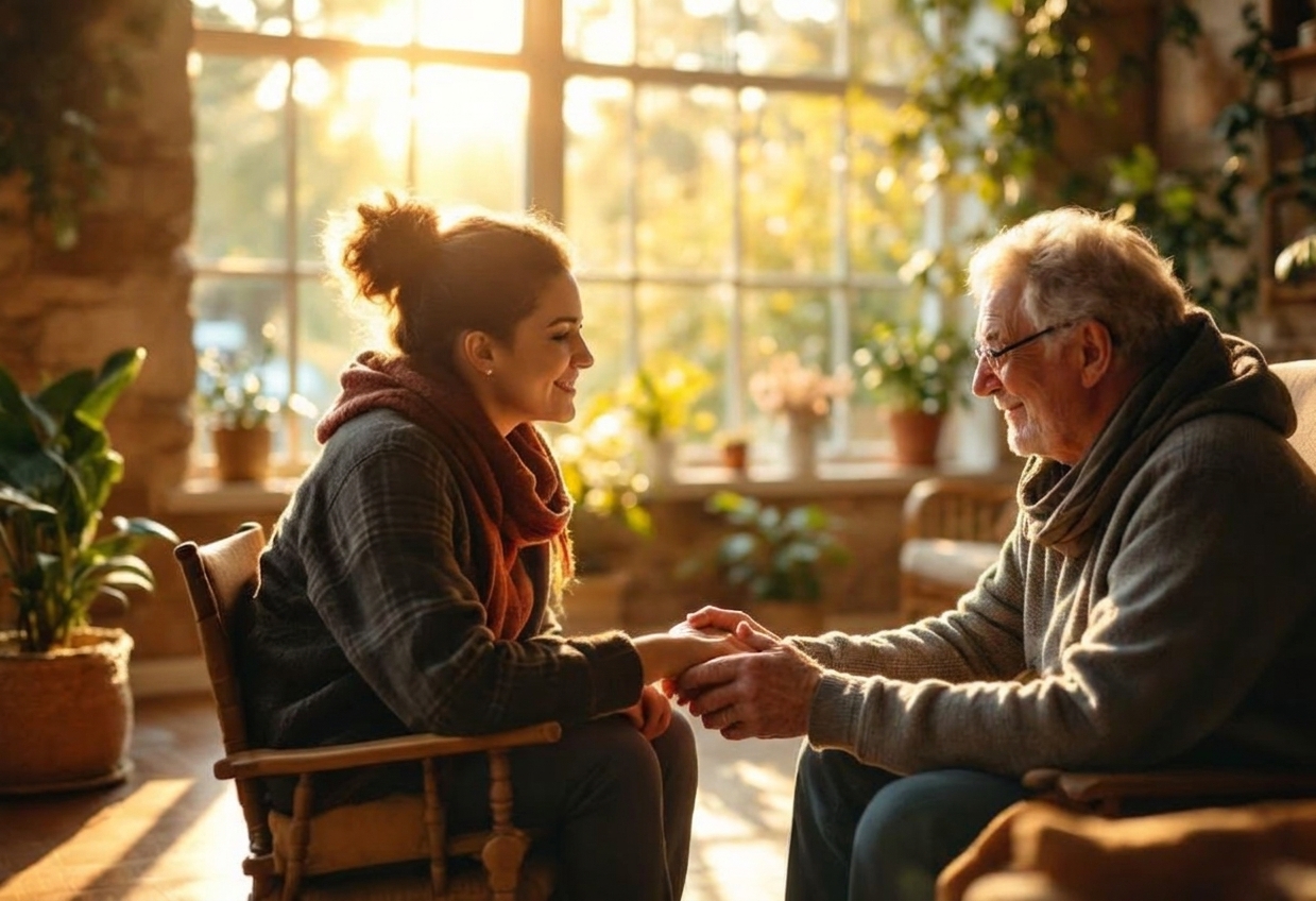 A Kind Way Companion speaking with a Kind Way client at home.
