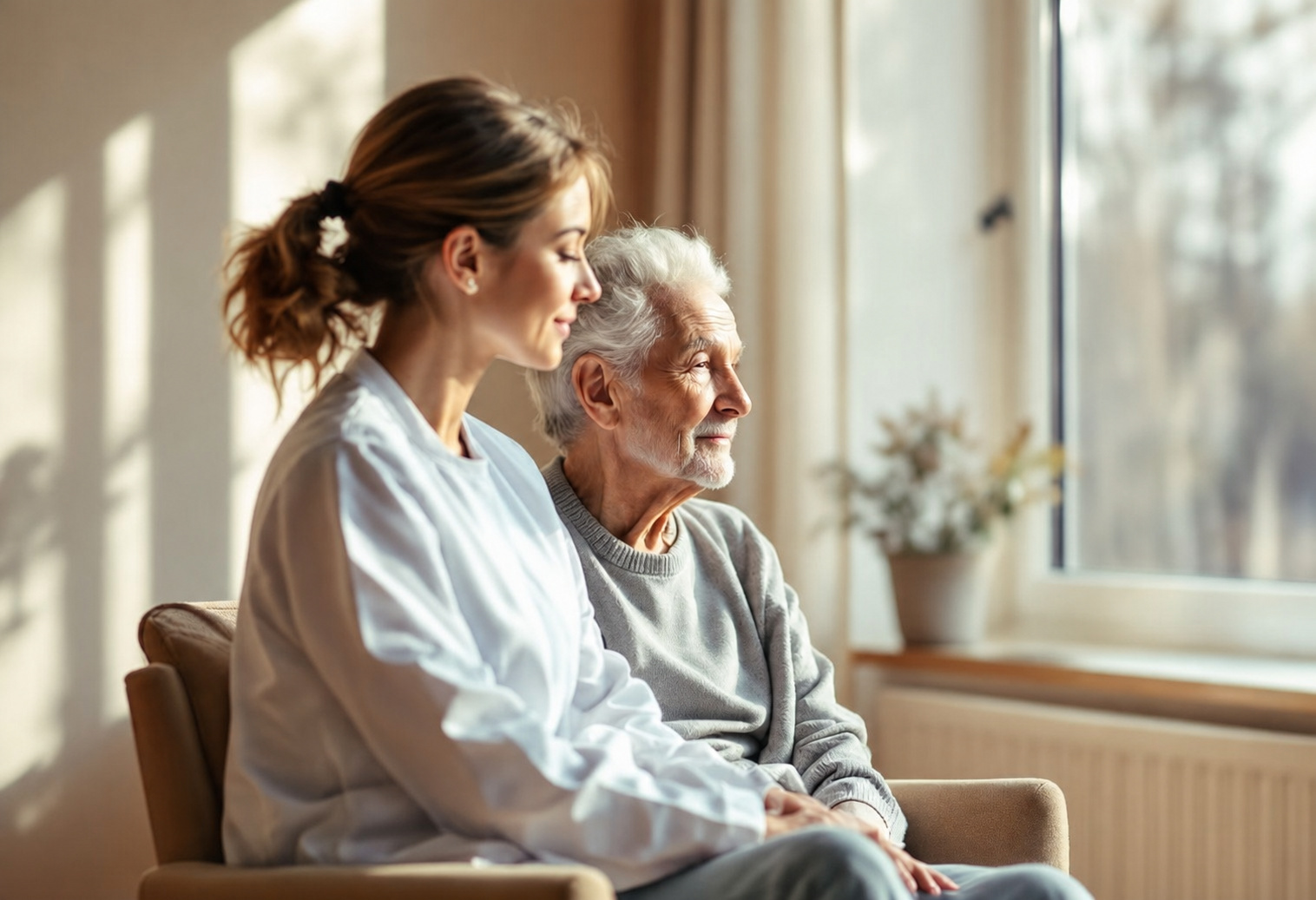 A Kind Way caregiver warmly connecting with an elderly person in the golden rays before sunset